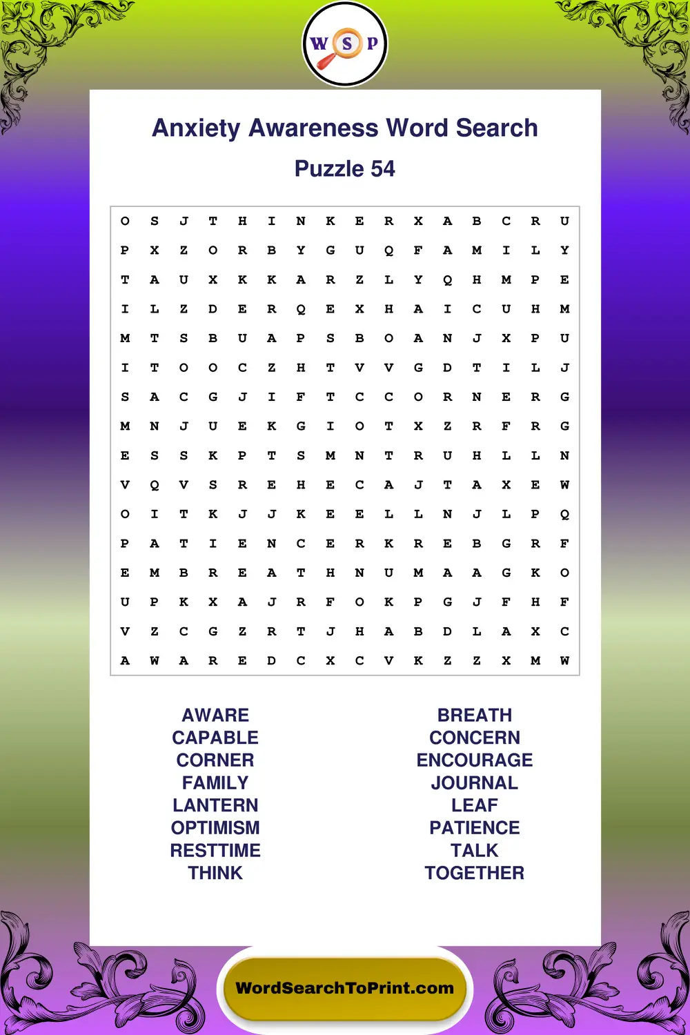 Anxiety Awareness Word Search Puzzle 54
