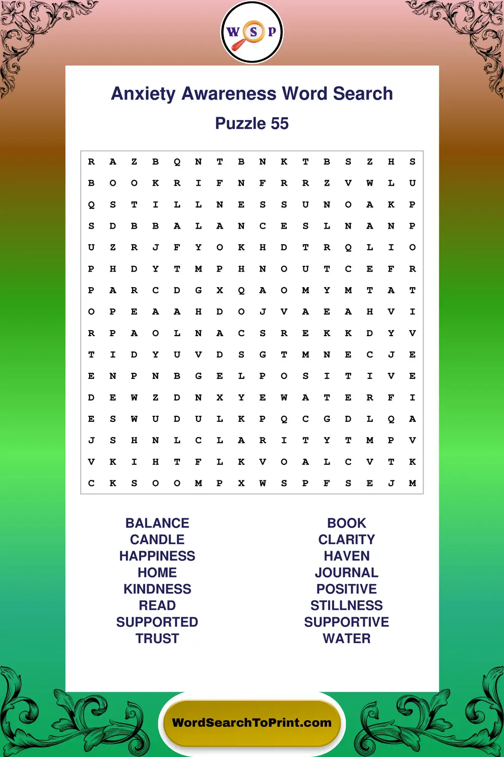 Anxiety Awareness Word Search Puzzle 55