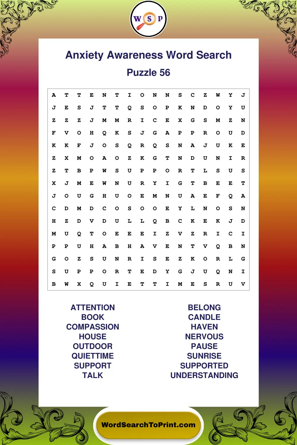 Anxiety Awareness Word Search Puzzle 56