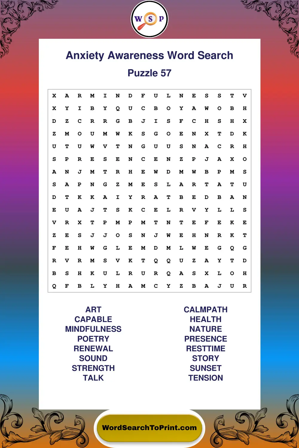 Anxiety Awareness Word Search Puzzle 57