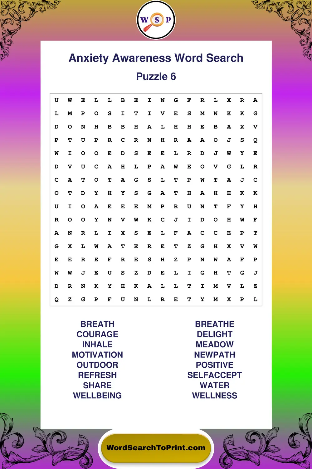 Anxiety Awareness Word Search Puzzle 6
