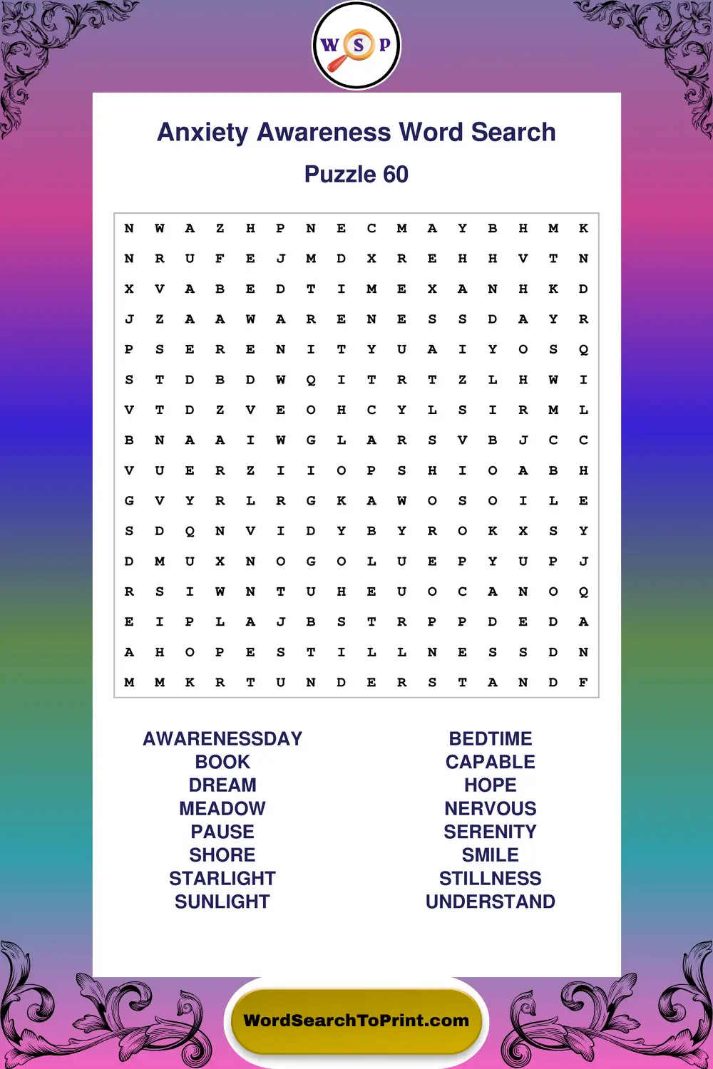 Anxiety Awareness Word Search Puzzle 60