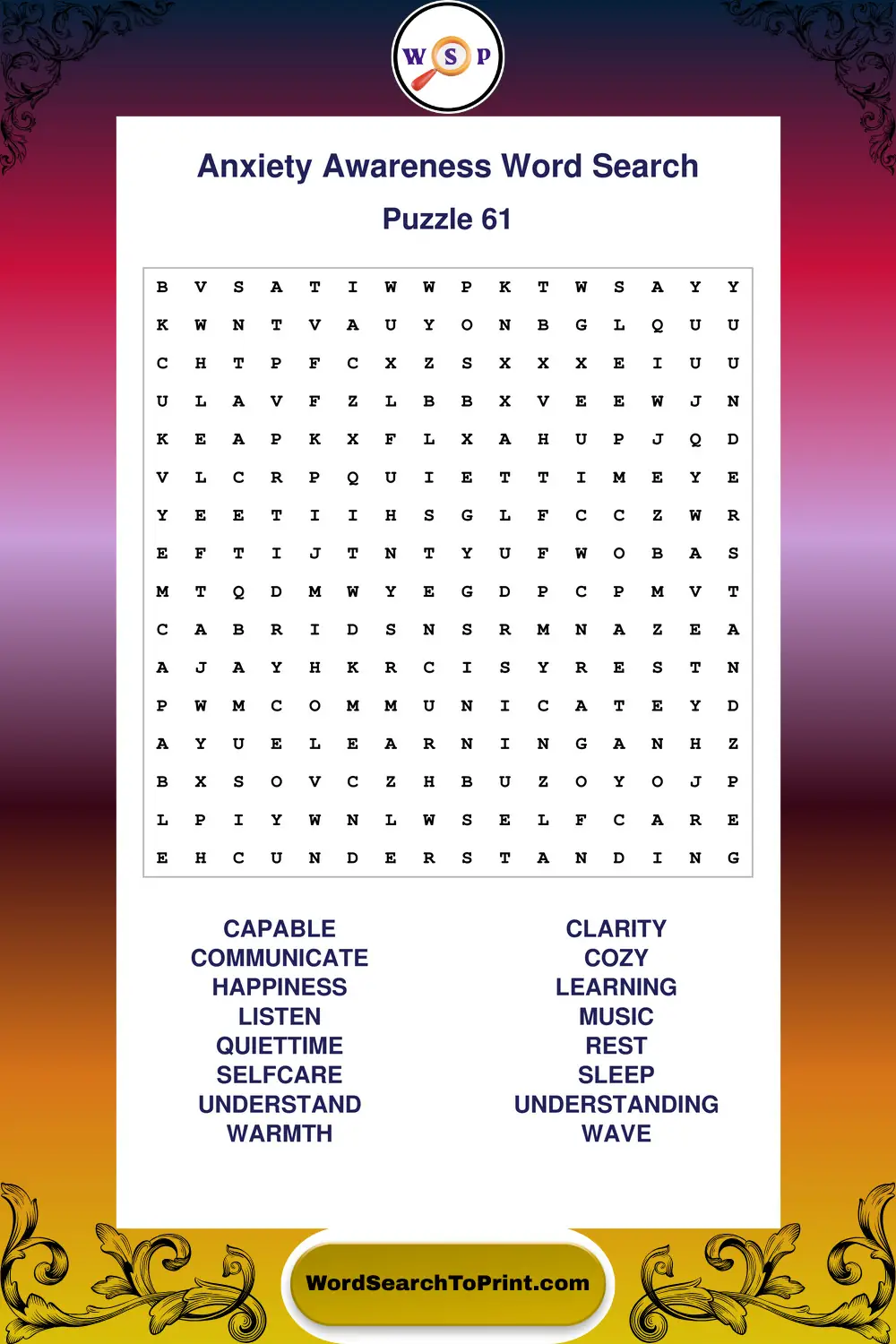Anxiety Awareness Word Search Puzzle 61