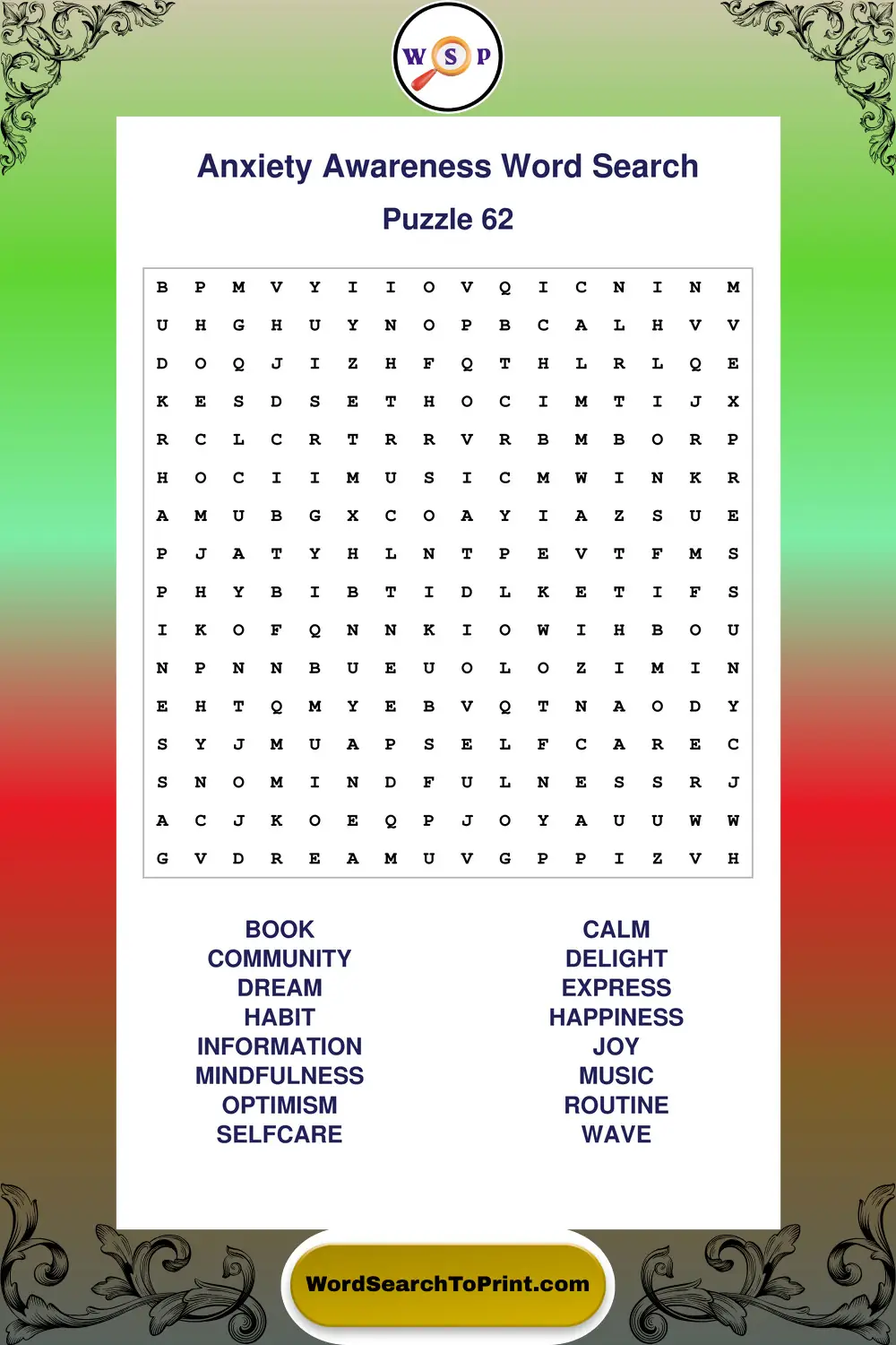 Anxiety Awareness Word Search Puzzle 62