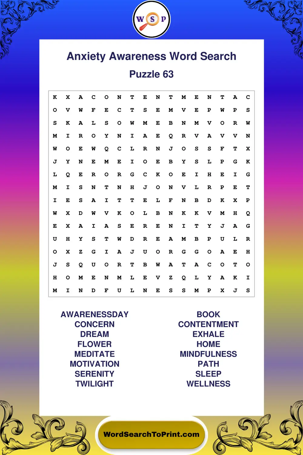 Anxiety Awareness Word Search Puzzle 63