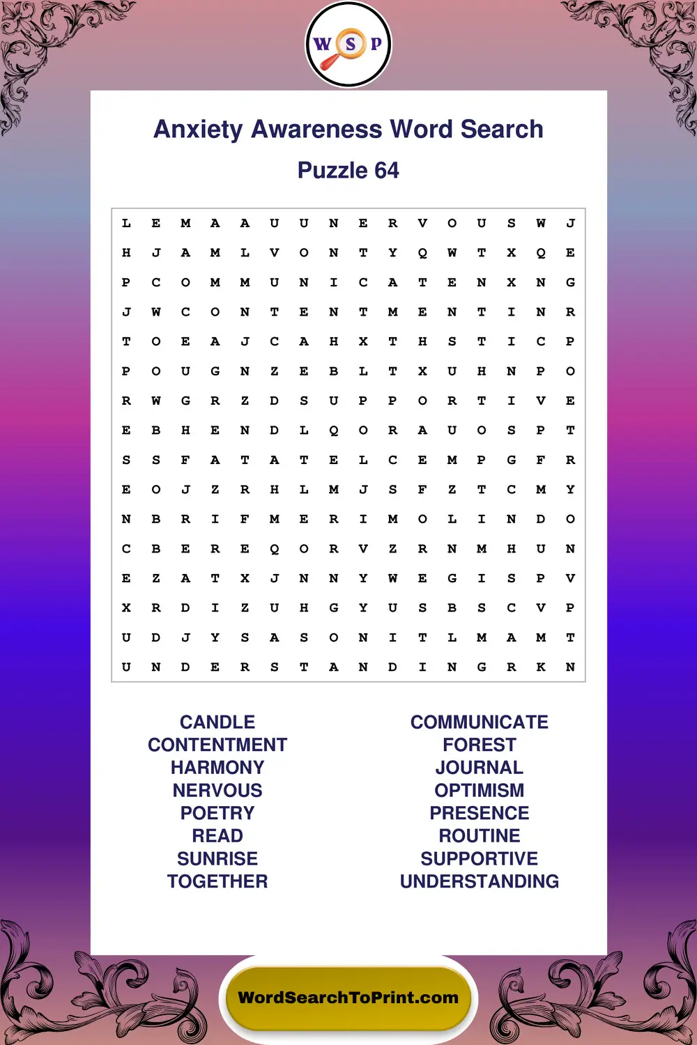Anxiety Awareness Word Search Puzzle 64