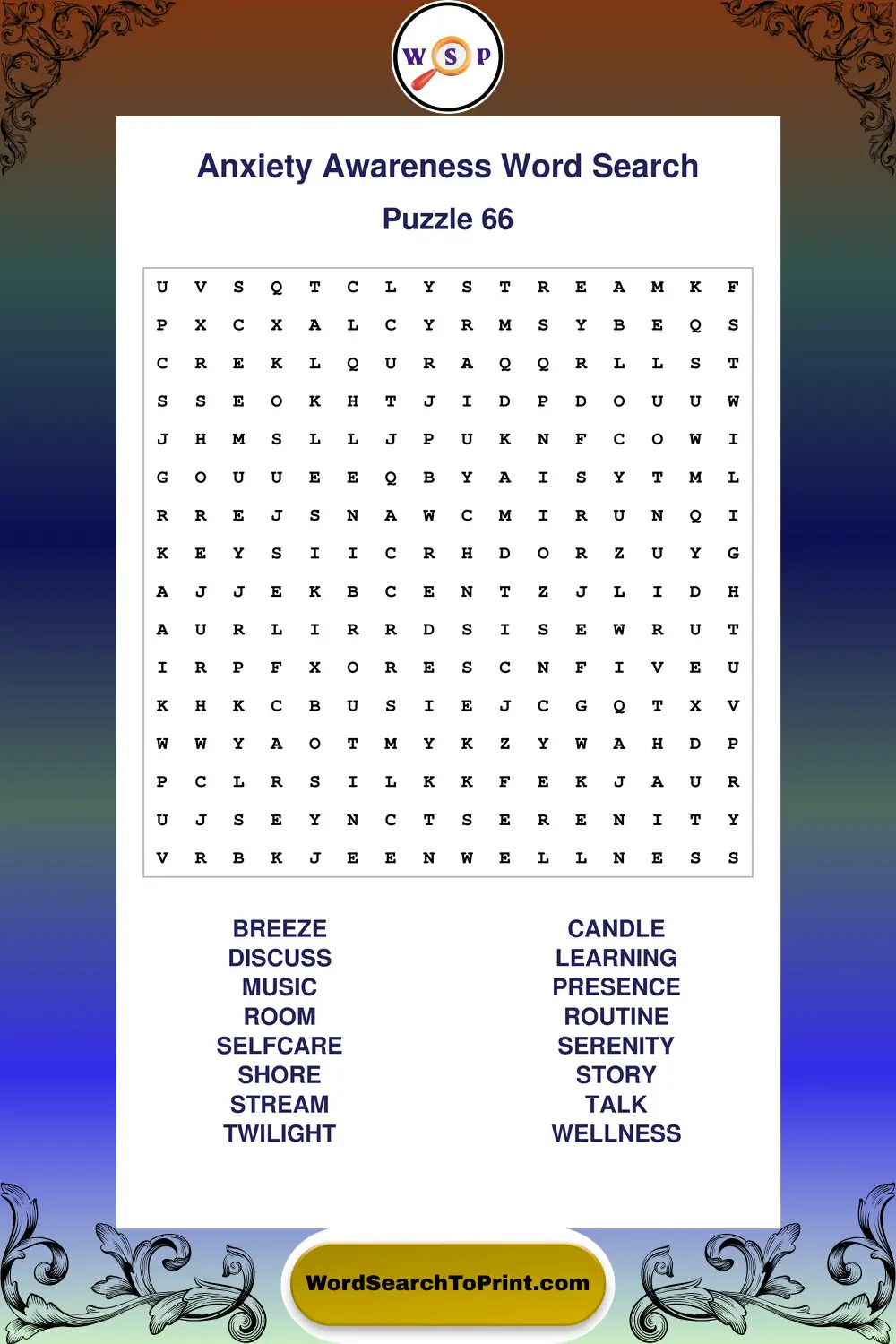 Anxiety Awareness Word Search Puzzle 66