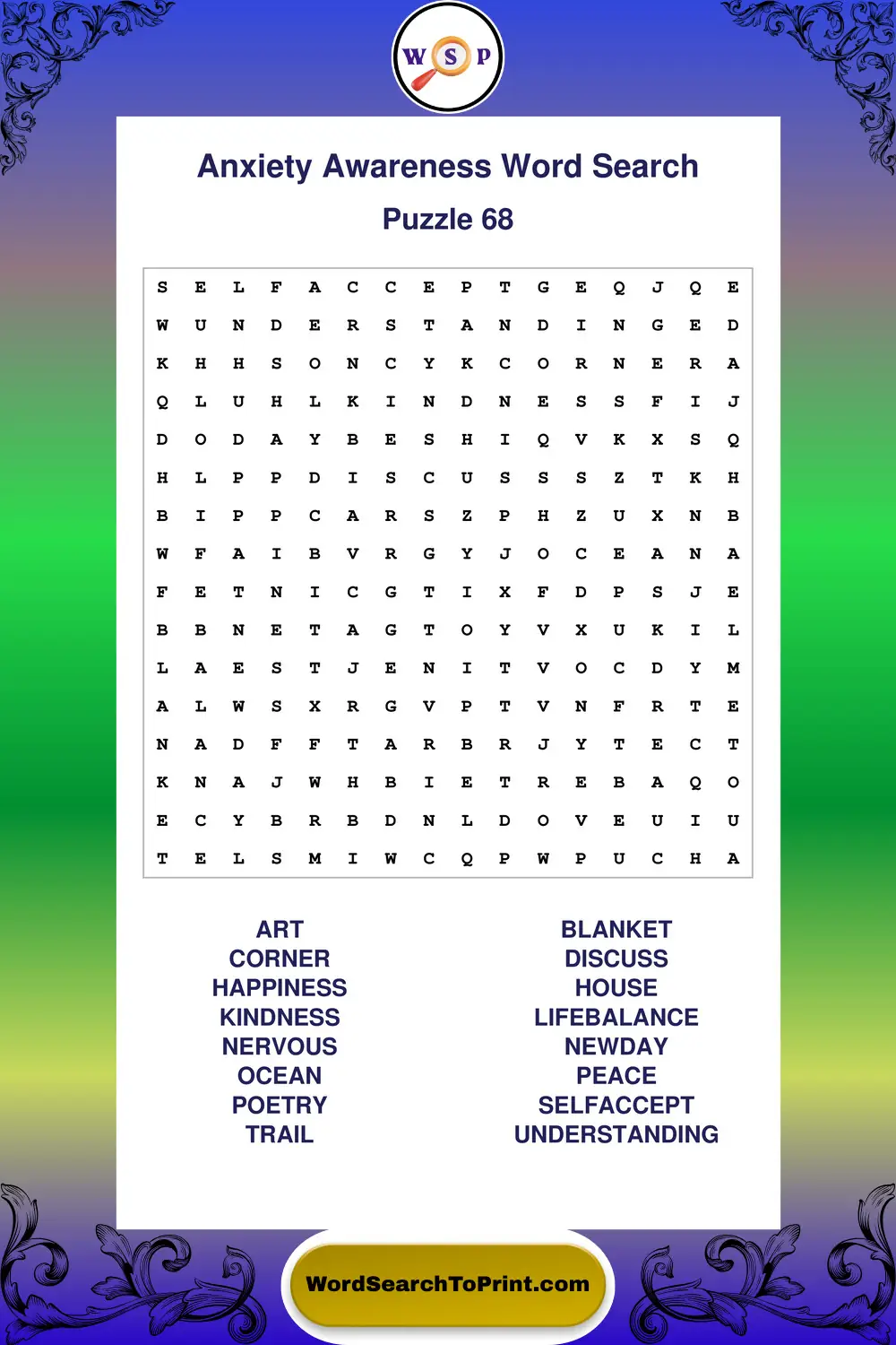 Anxiety Awareness Word Search Puzzle 68