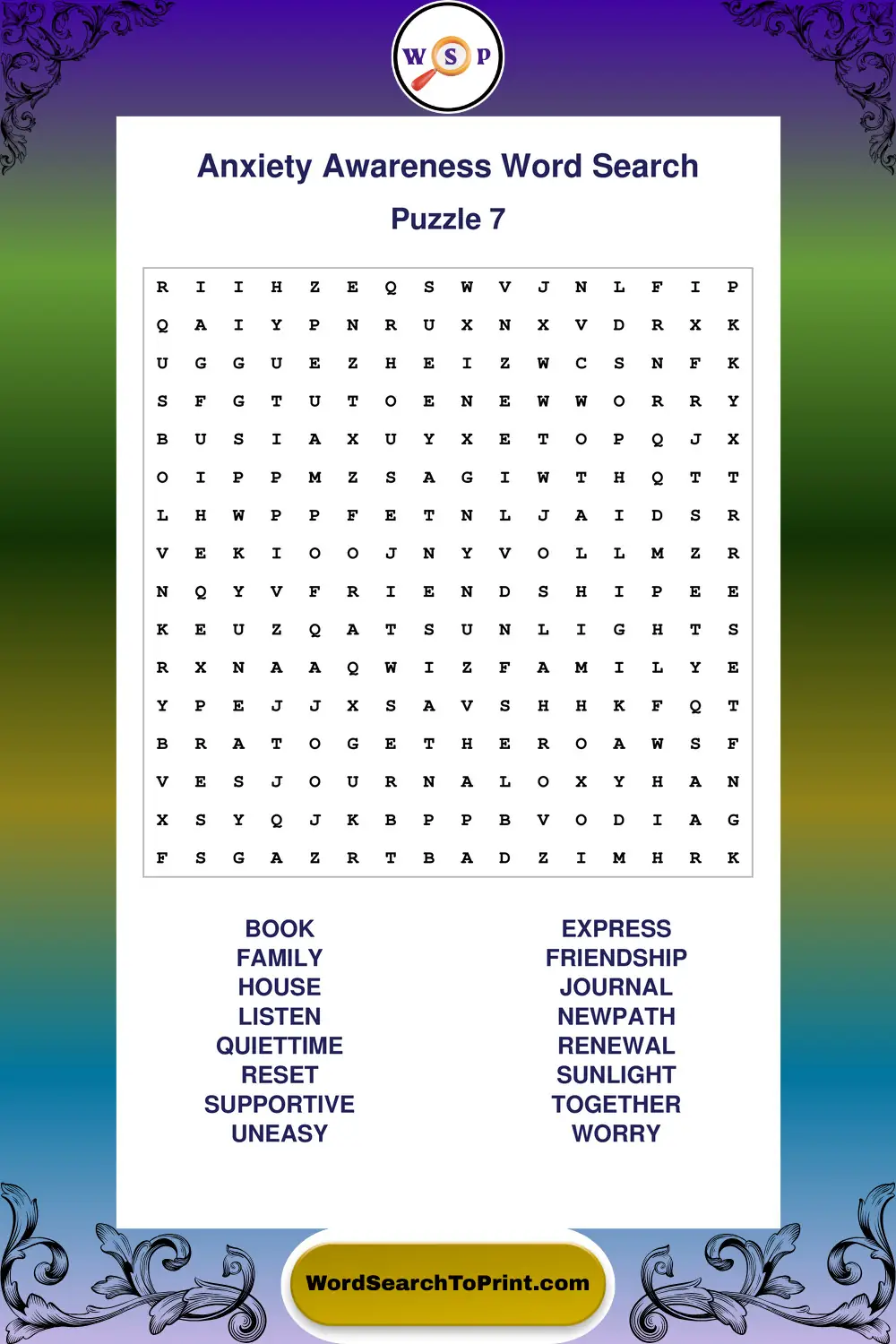 Anxiety Awareness Word Search Puzzle 7