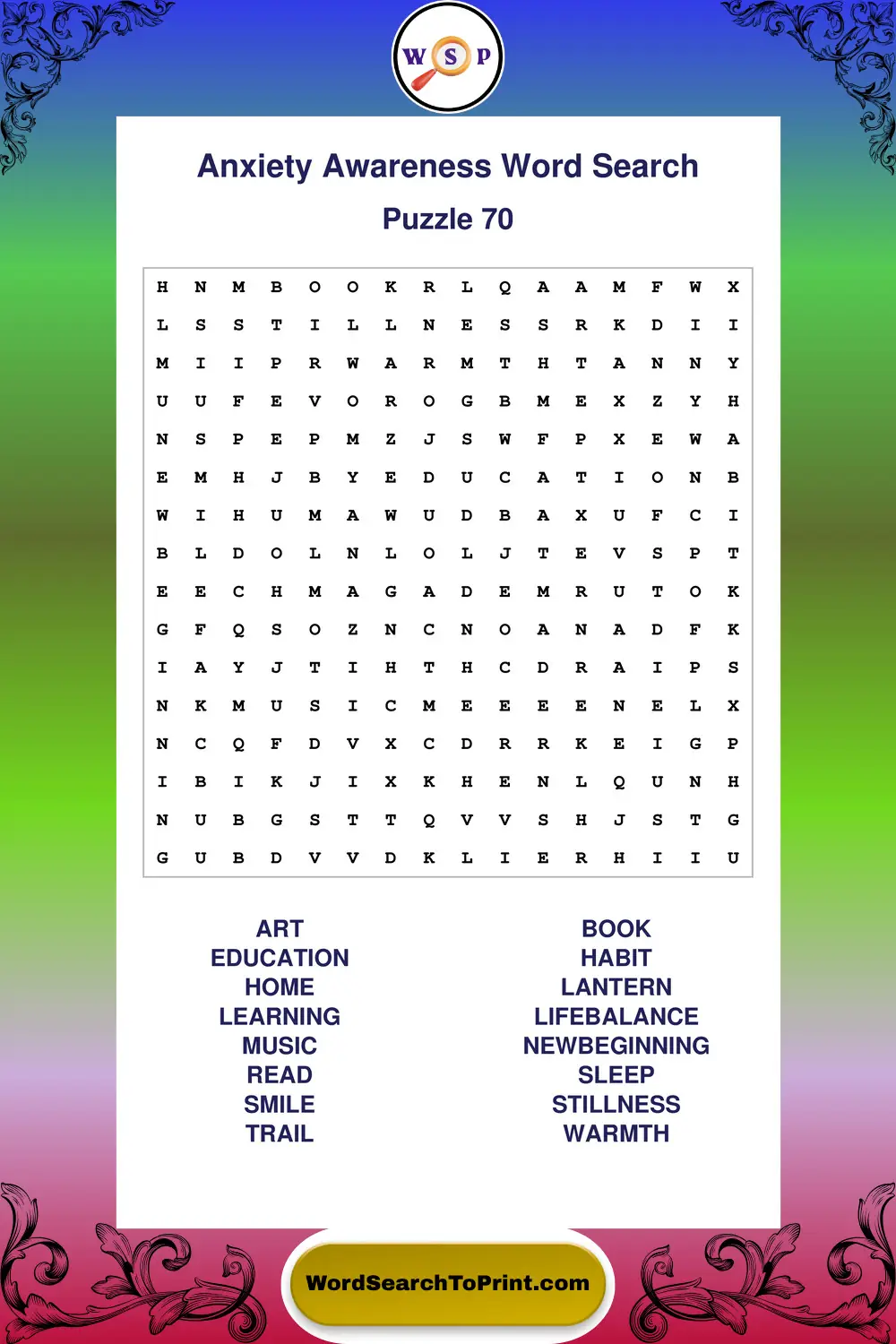 Anxiety Awareness Word Search Puzzle 70