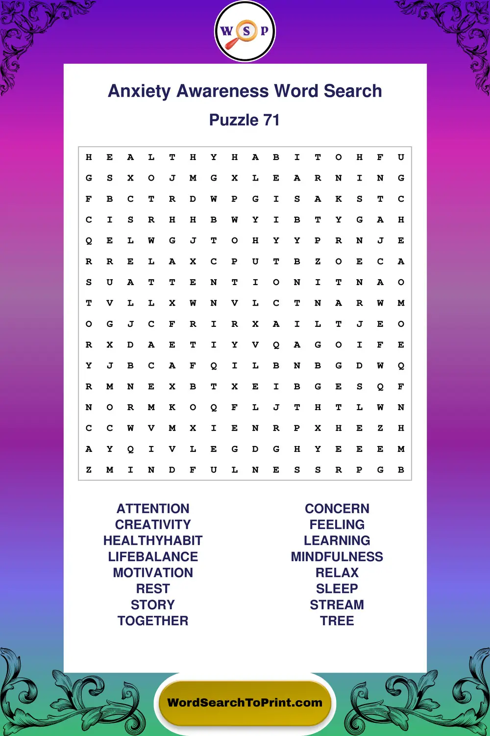 Anxiety Awareness Word Search Puzzle 71