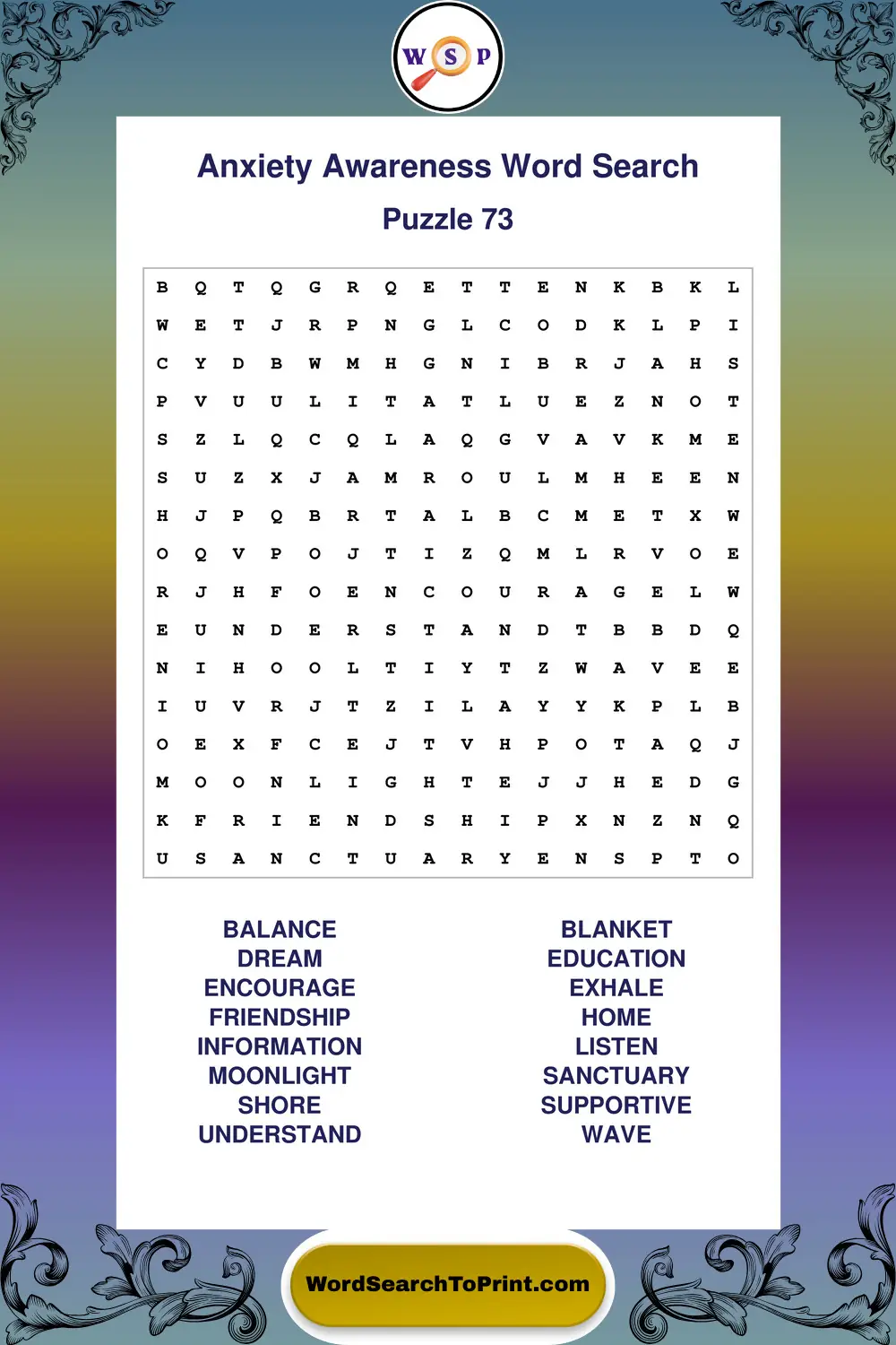Anxiety Awareness Word Search Puzzle 73