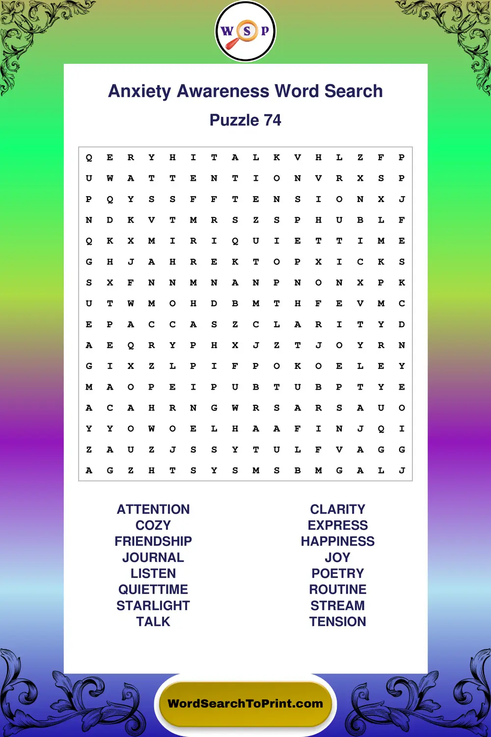 Anxiety Awareness Word Search Puzzle 74