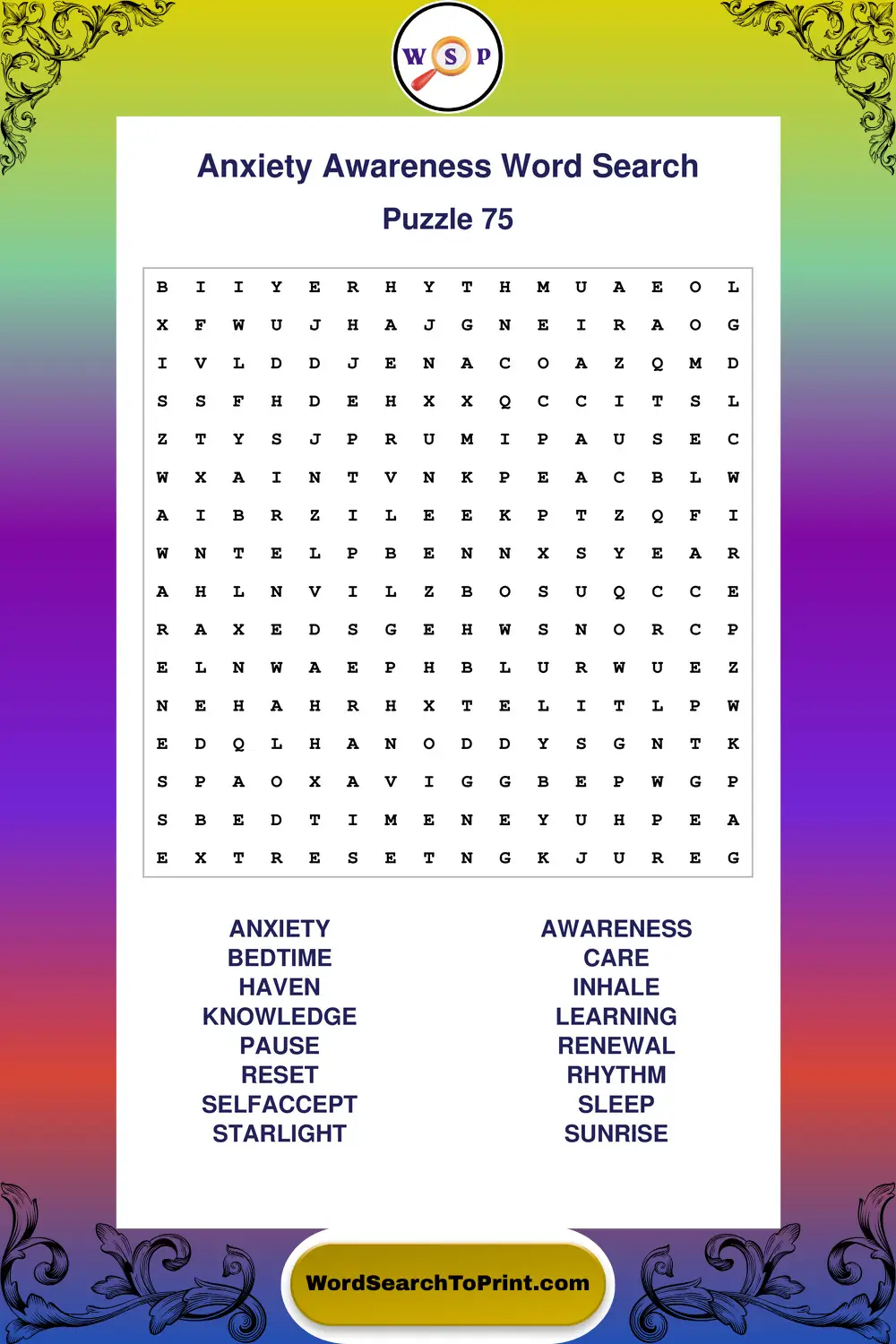 Anxiety Awareness Word Search Puzzle 75