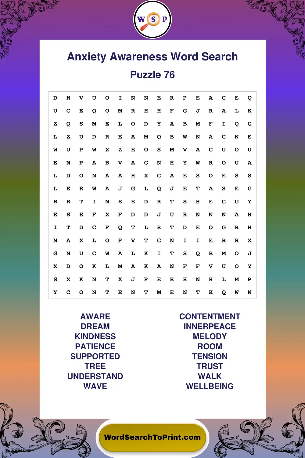 Anxiety Awareness Word Search Puzzle 76