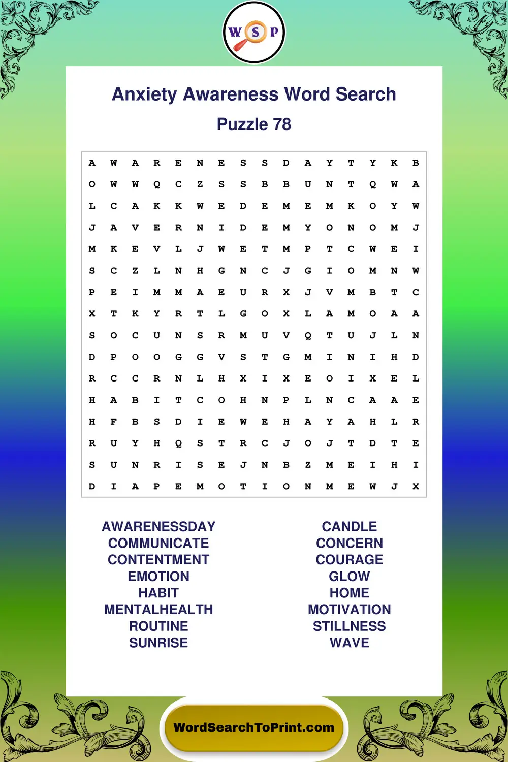 Anxiety Awareness Word Search Puzzle 78