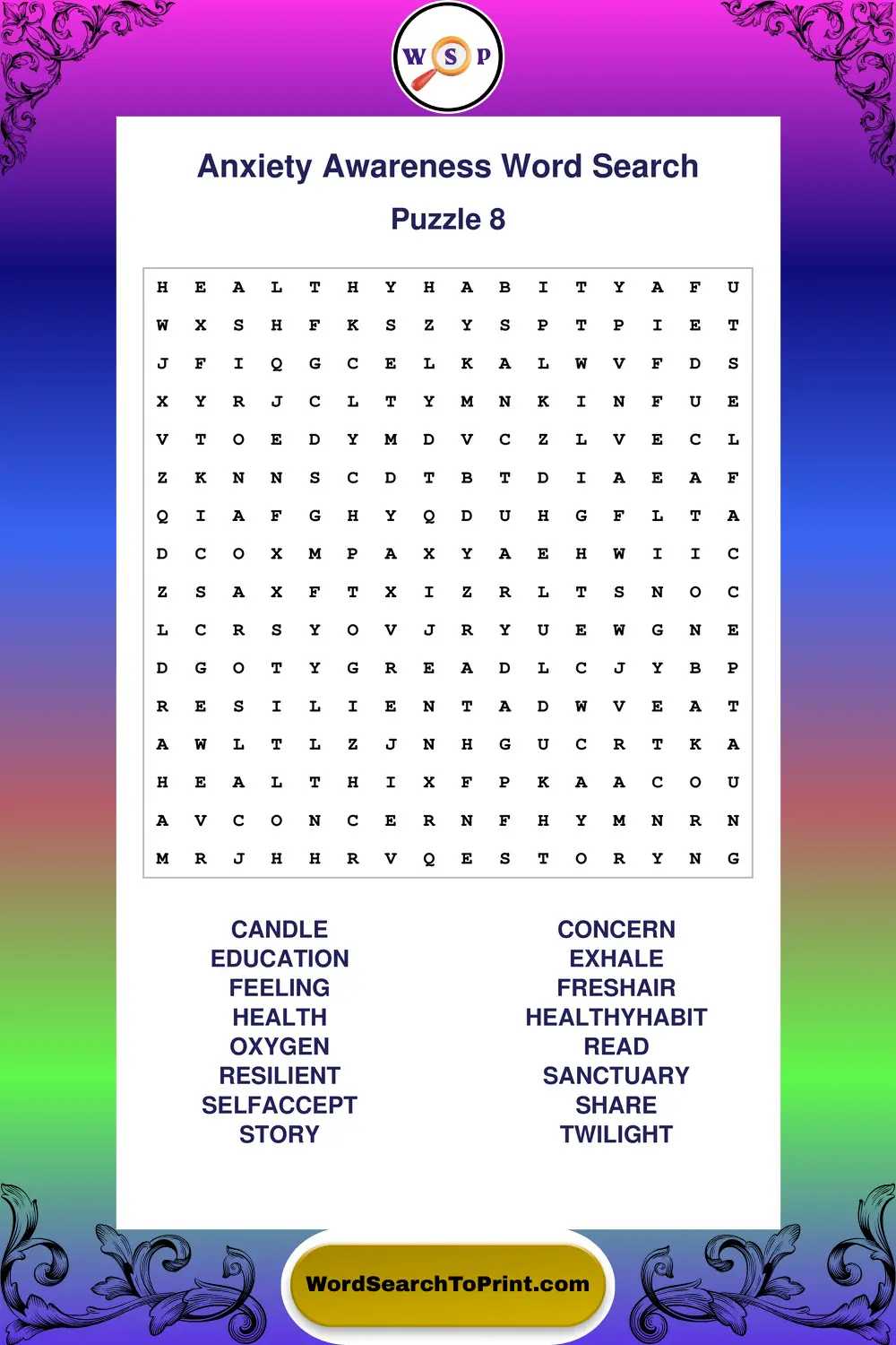 Anxiety Awareness Word Search Puzzle 8