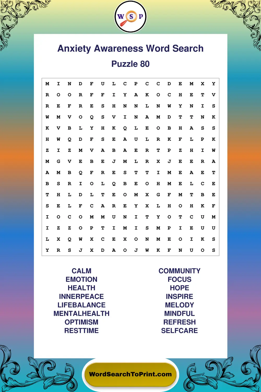 Anxiety Awareness Word Search Puzzle 80