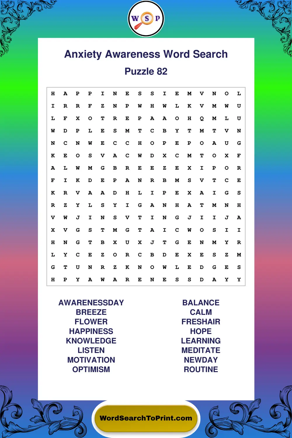 Anxiety Awareness Word Search Puzzle 82