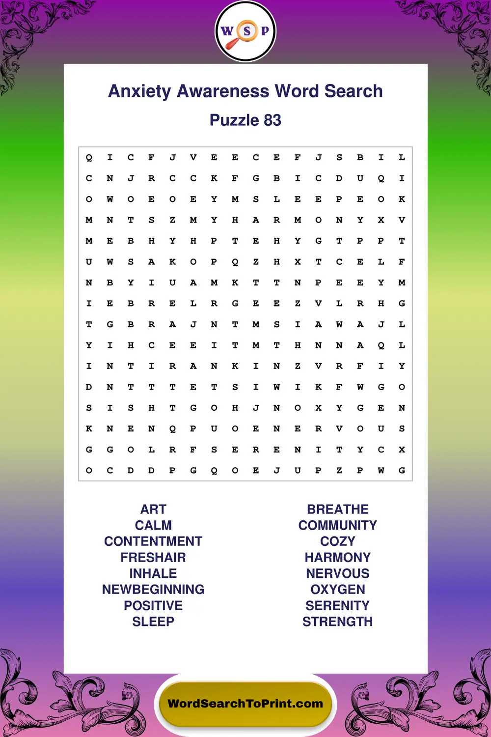 Anxiety Awareness Word Search Puzzle 83