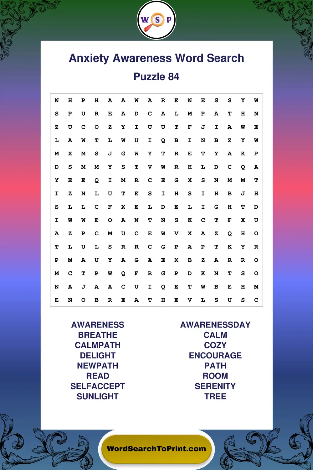 Anxiety Awareness Word Search Puzzle 84