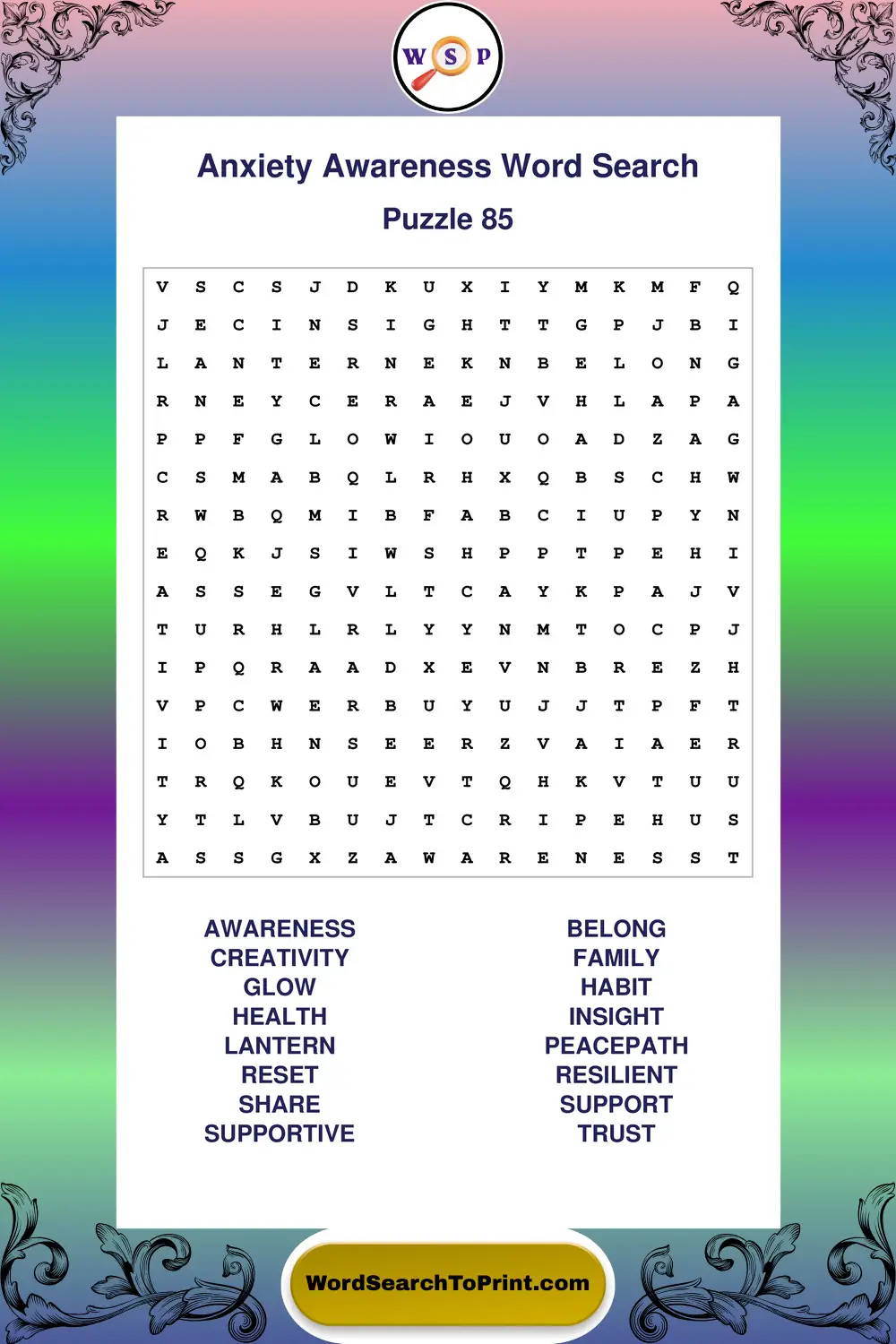 Anxiety Awareness Word Search Puzzle 85