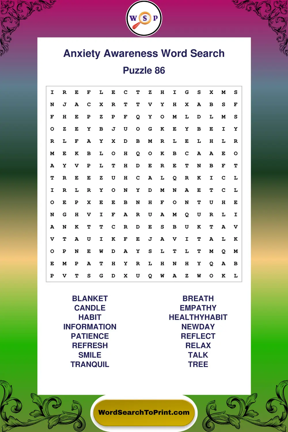 Anxiety Awareness Word Search Puzzle 86