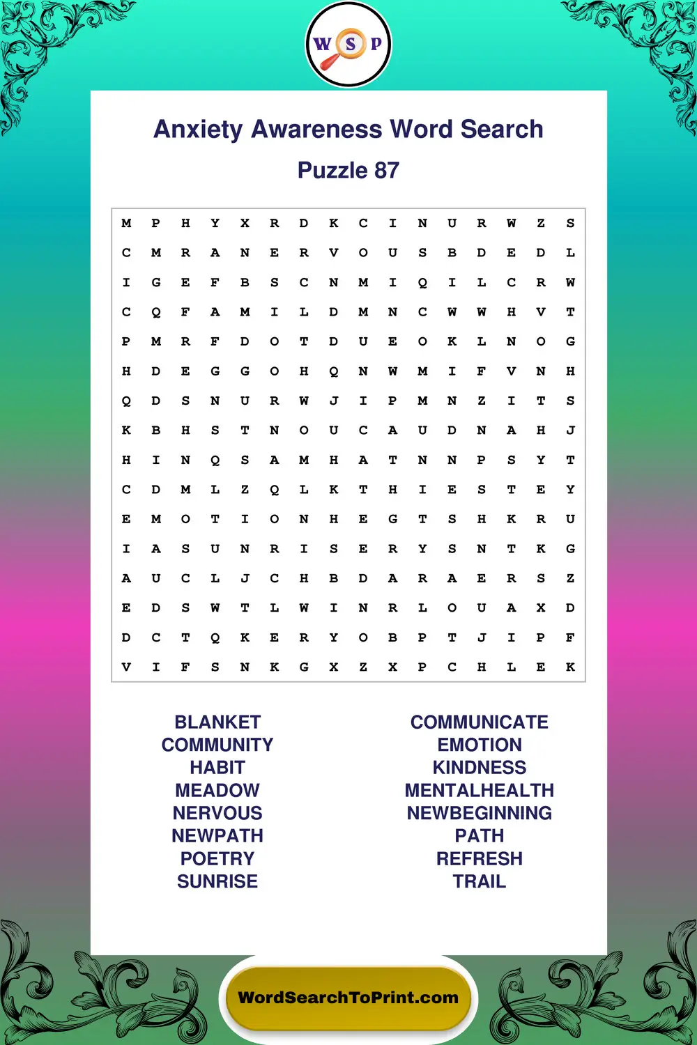 Anxiety Awareness Word Search Puzzle 87