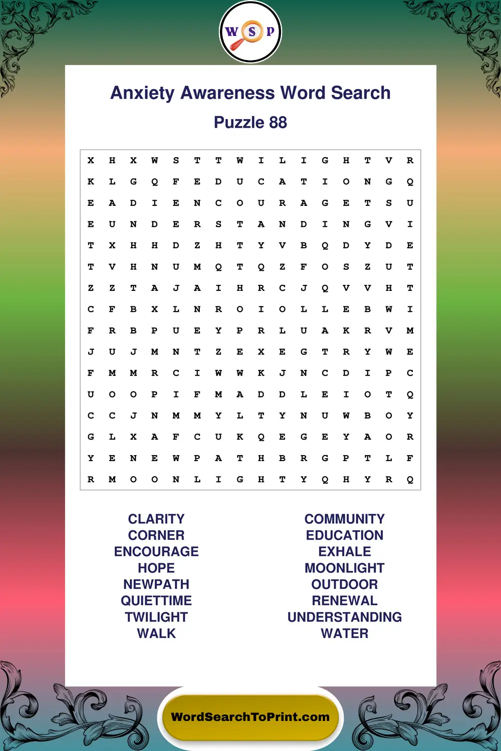 Anxiety Awareness Word Search Puzzle 88