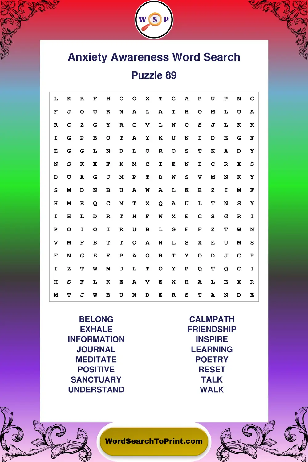 Anxiety Awareness Word Search Puzzle 89