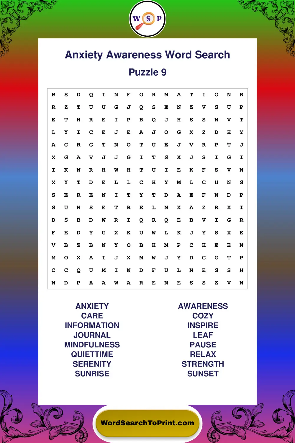 Anxiety Awareness Word Search Puzzle 9