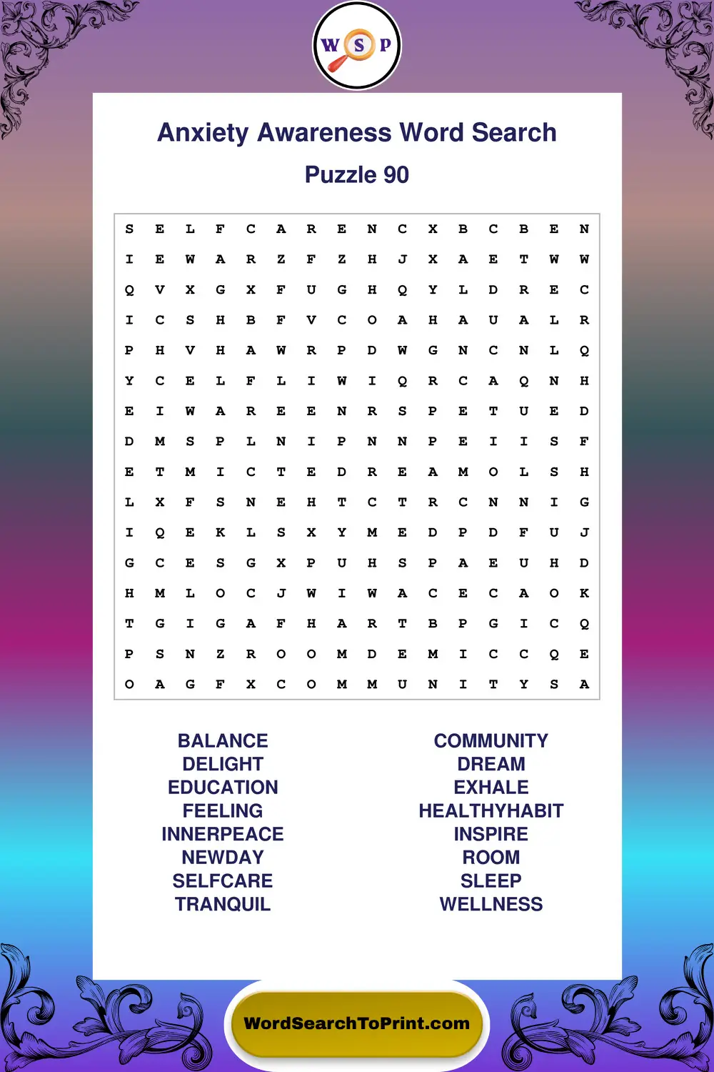 Anxiety Awareness Word Search Puzzle 90