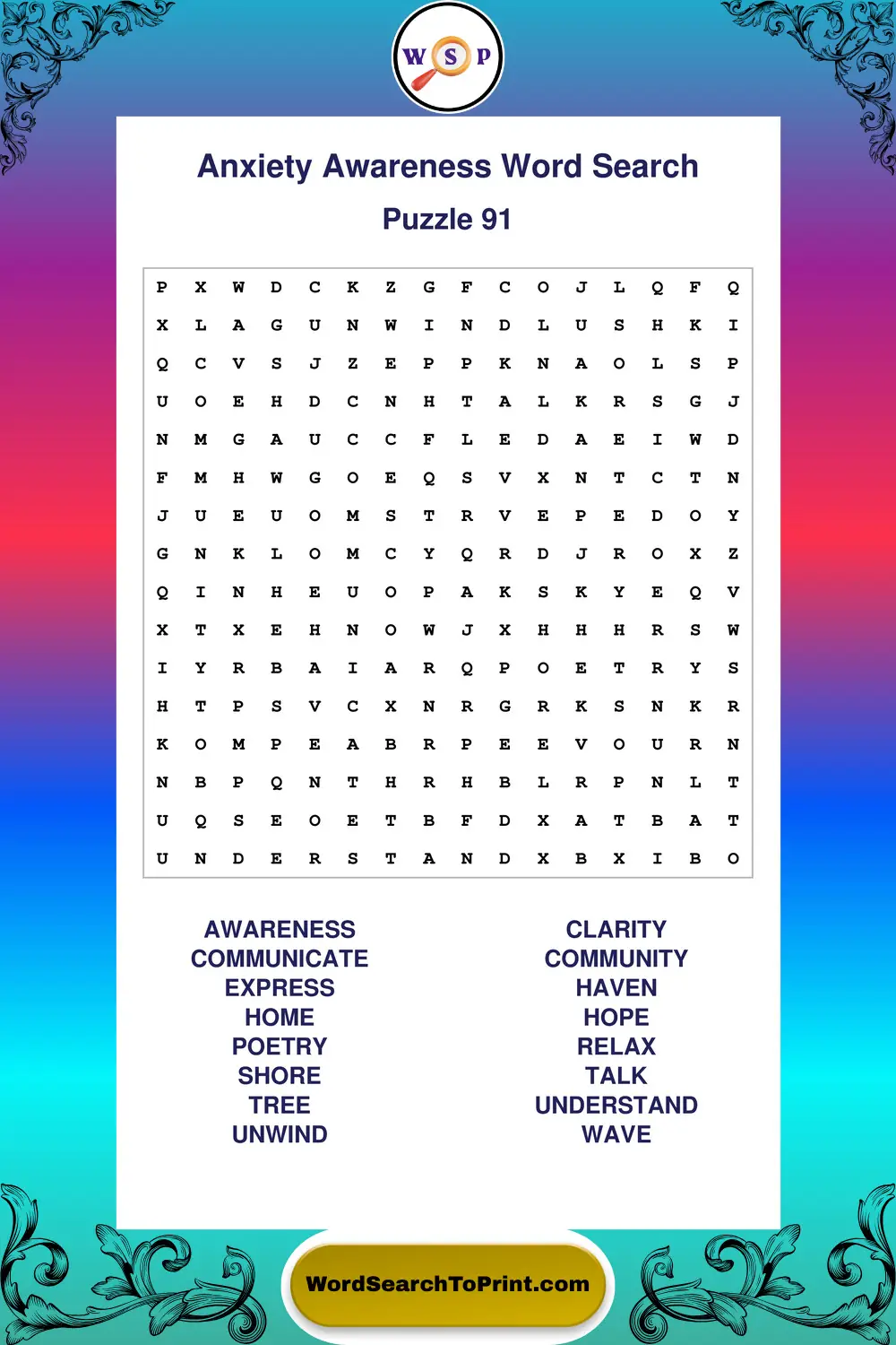 Anxiety Awareness Word Search Puzzle 91