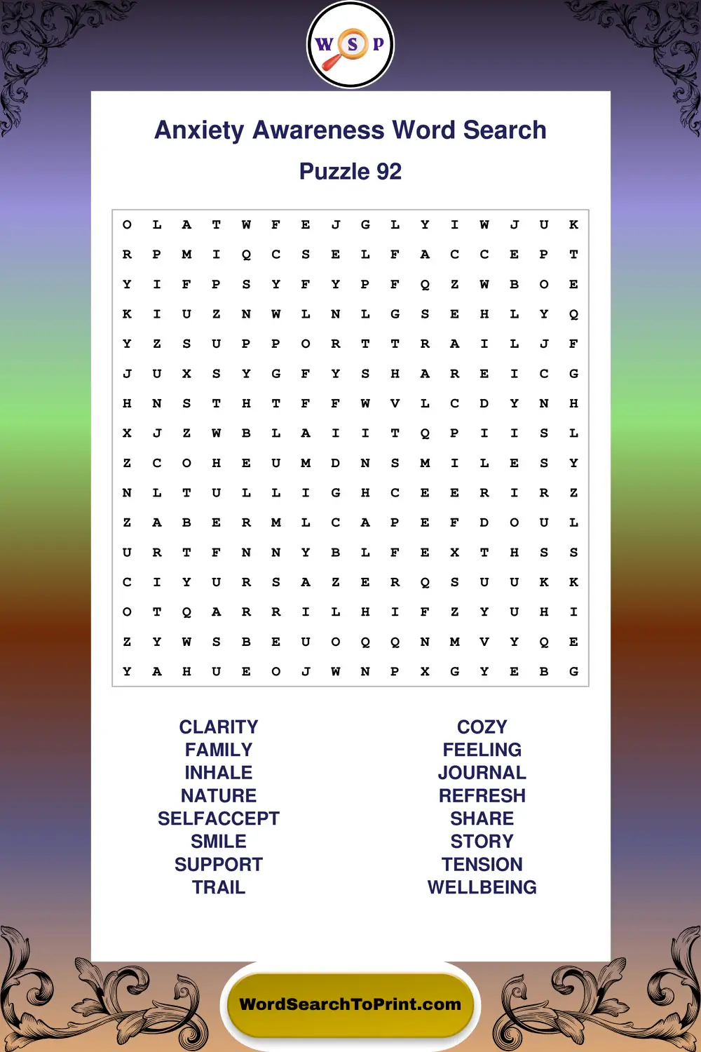 Anxiety Awareness Word Search Puzzle 92