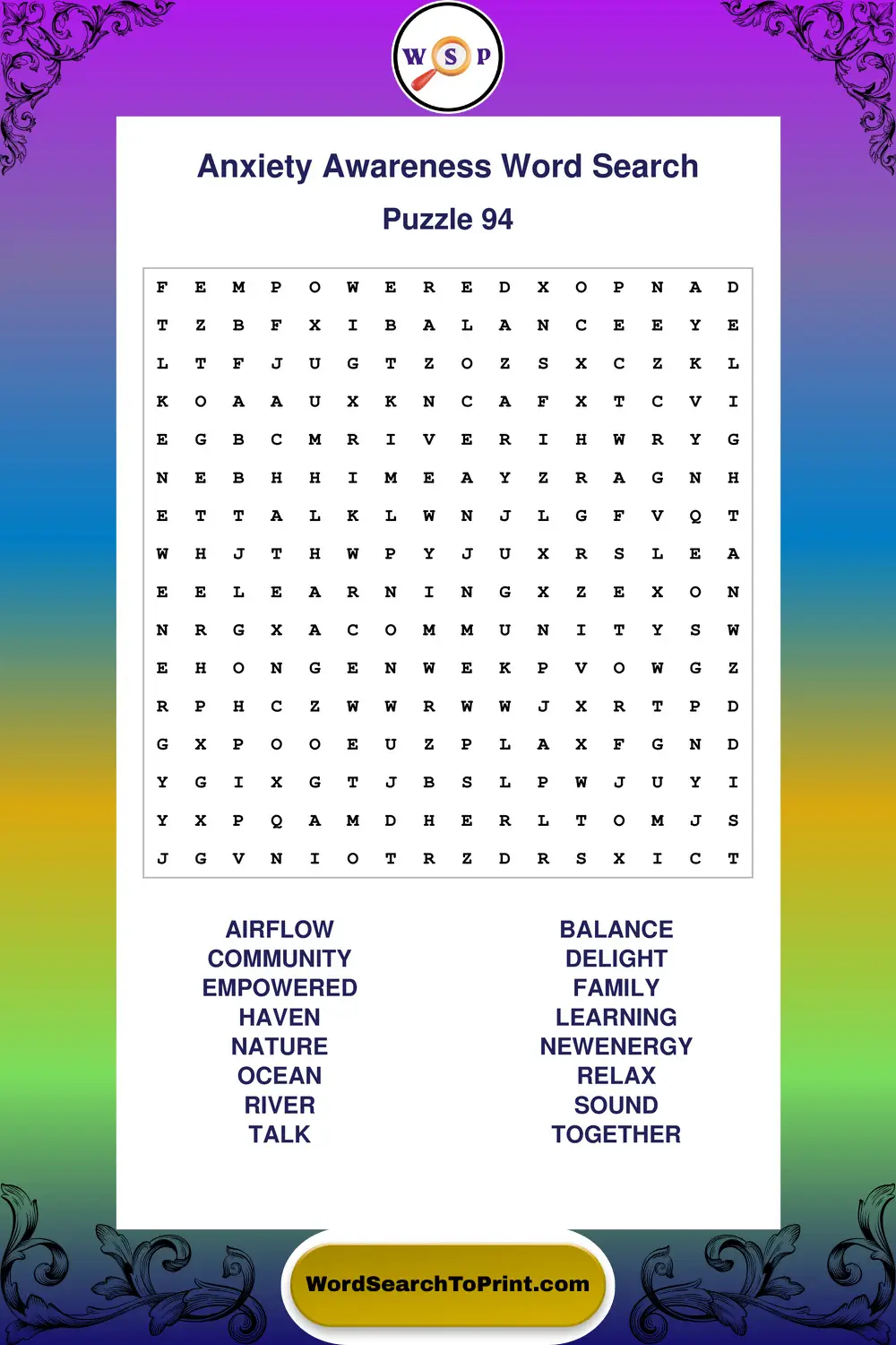 Anxiety Awareness Word Search Puzzle 94