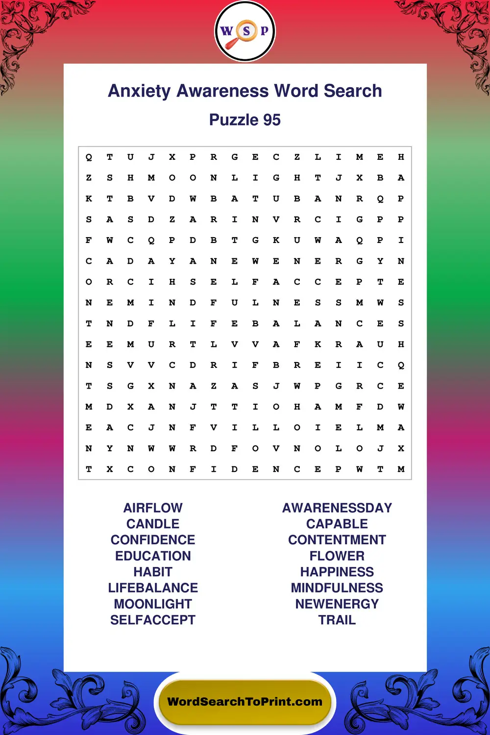 Anxiety Awareness Word Search Puzzle 95