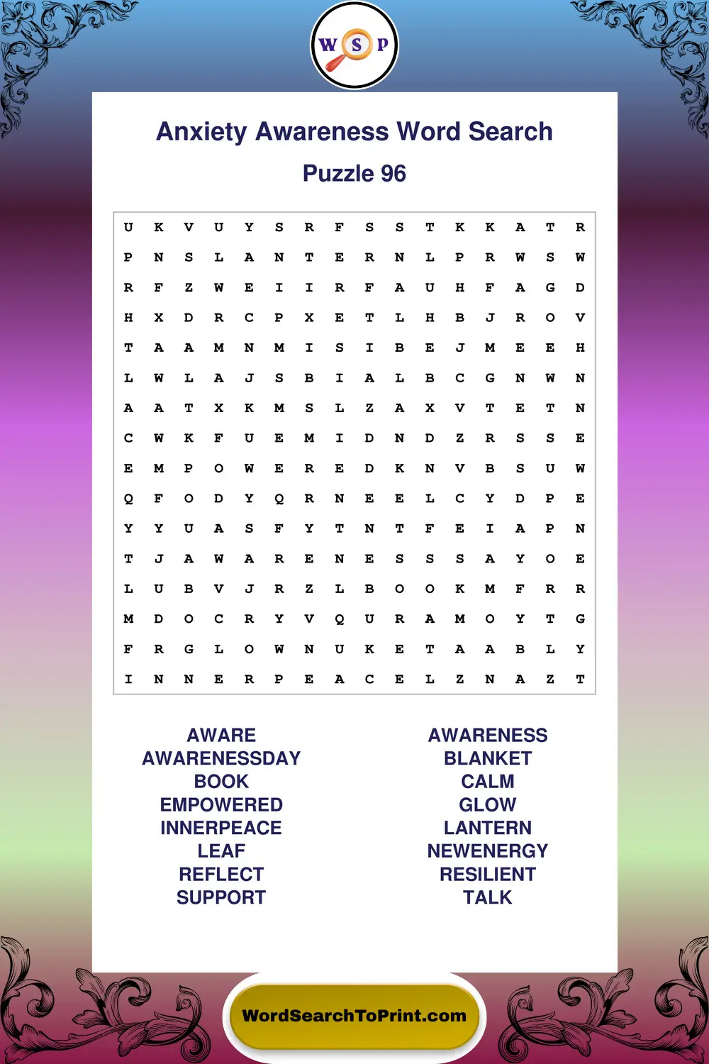 Anxiety Awareness Word Search Puzzle 96