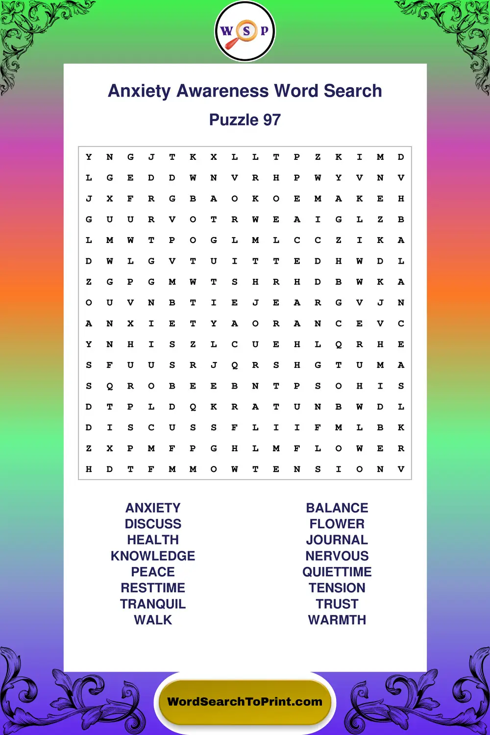 Anxiety Awareness Word Search Puzzle 97