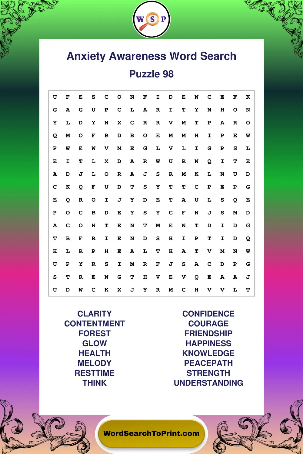 Anxiety Awareness Word Search Puzzle 98