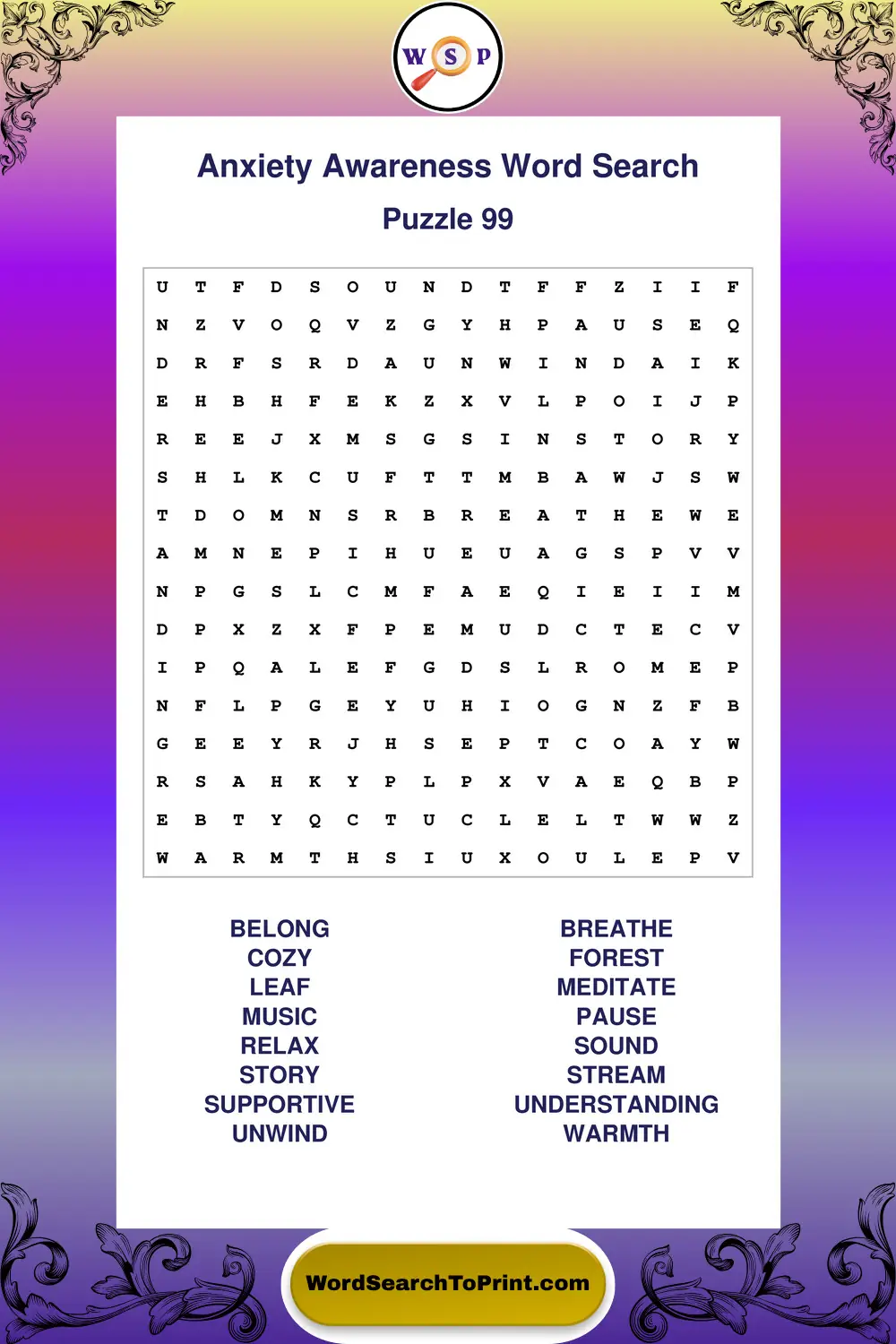 Anxiety Awareness Word Search Puzzle 99