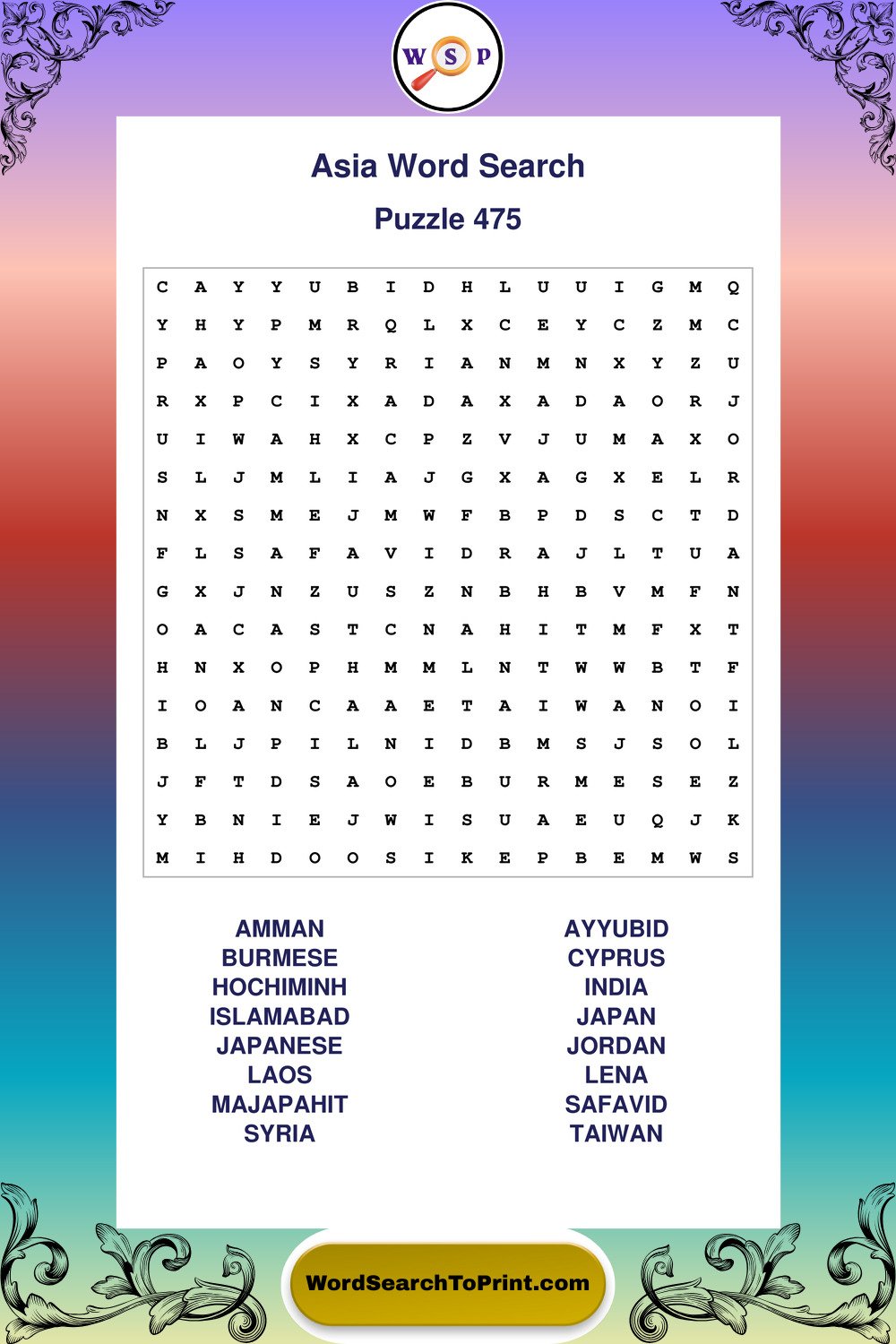 Asia Word Search Puzzle 475