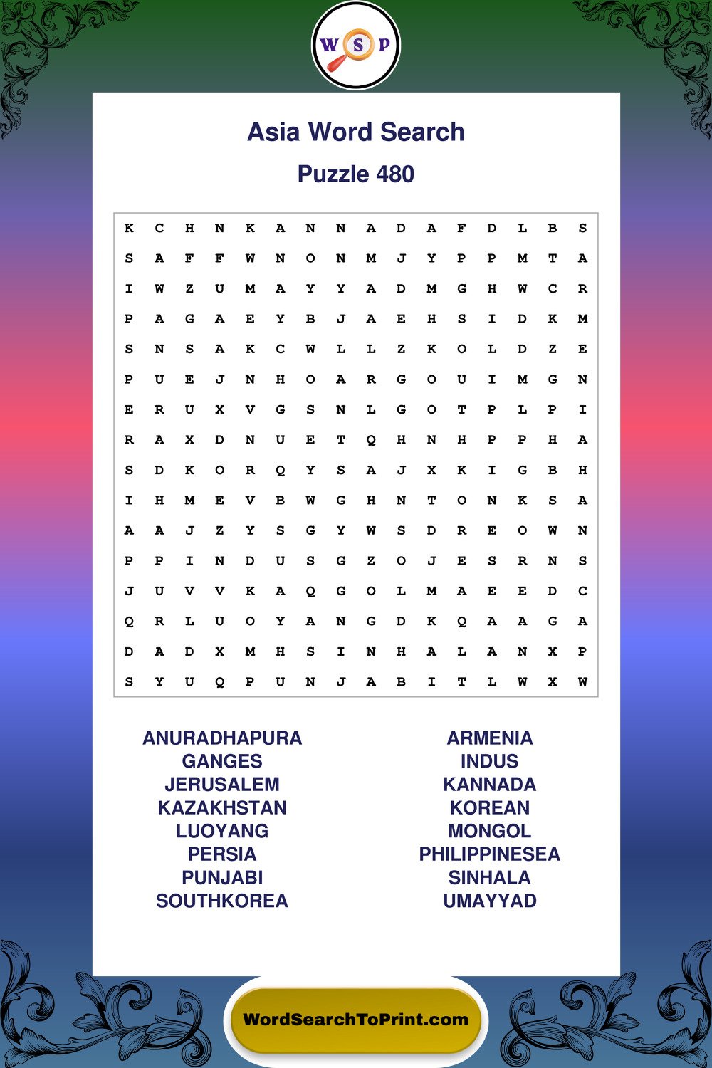 Asia Word Search Puzzle 480