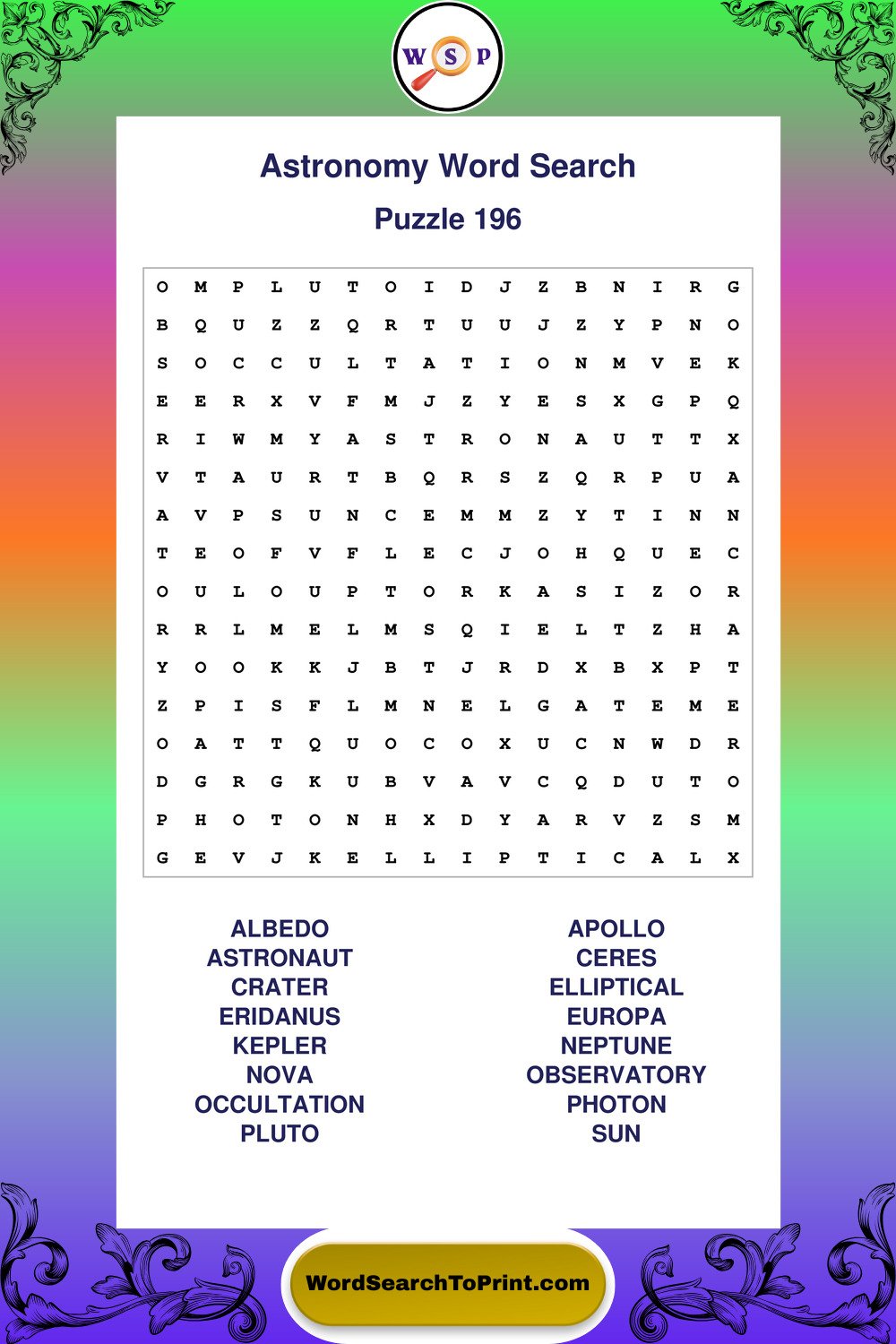 Astronomy Word Search Puzzle 196