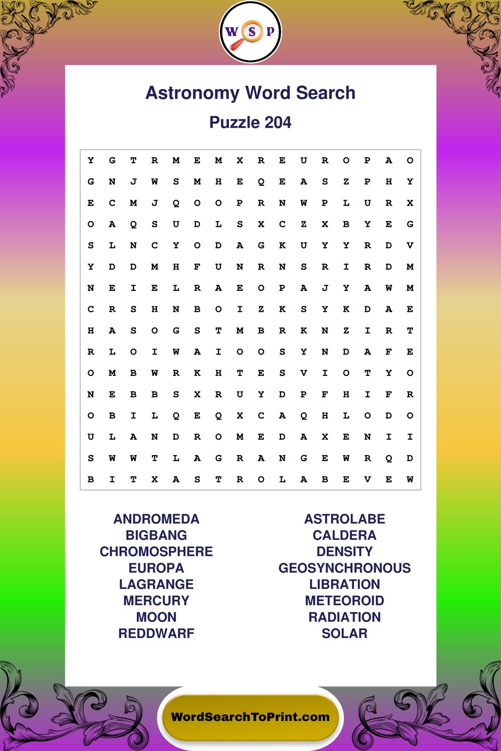Astronomy Word Search Puzzle 204