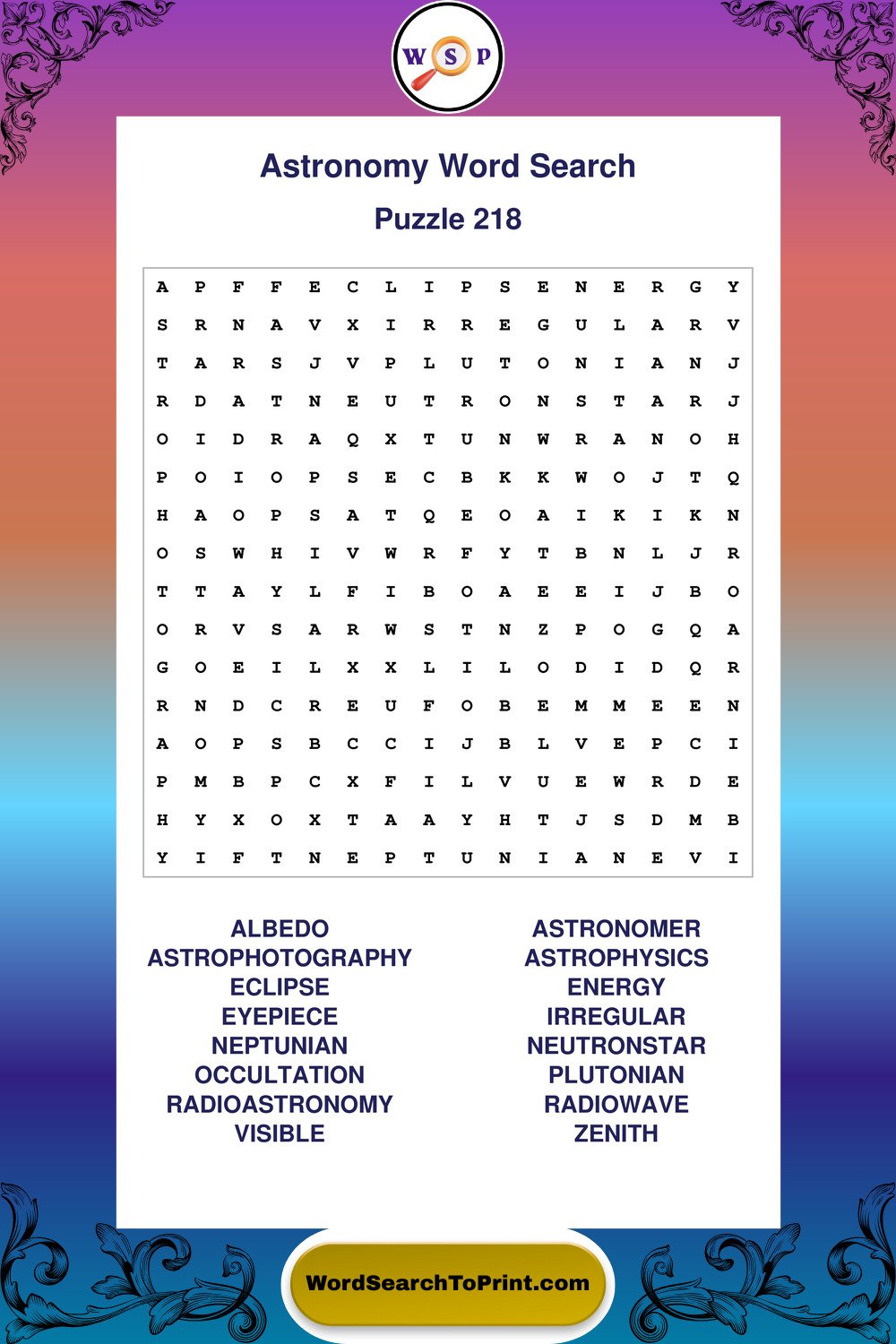 Astronomy Word Search Puzzle 218