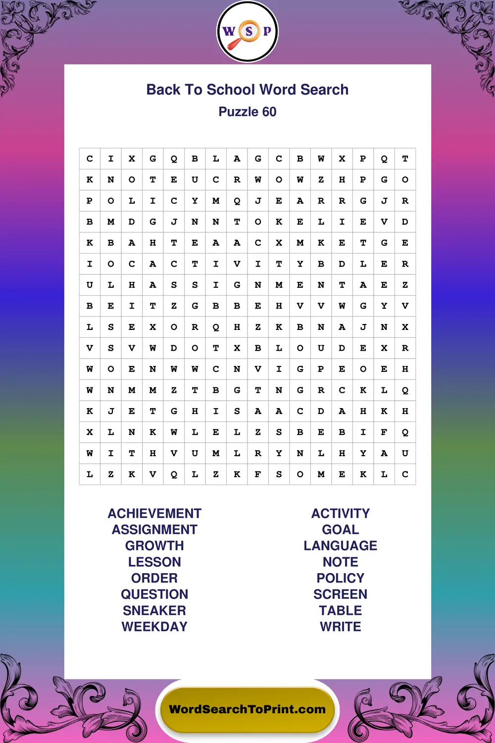 Back To School Word Search Puzzle 60