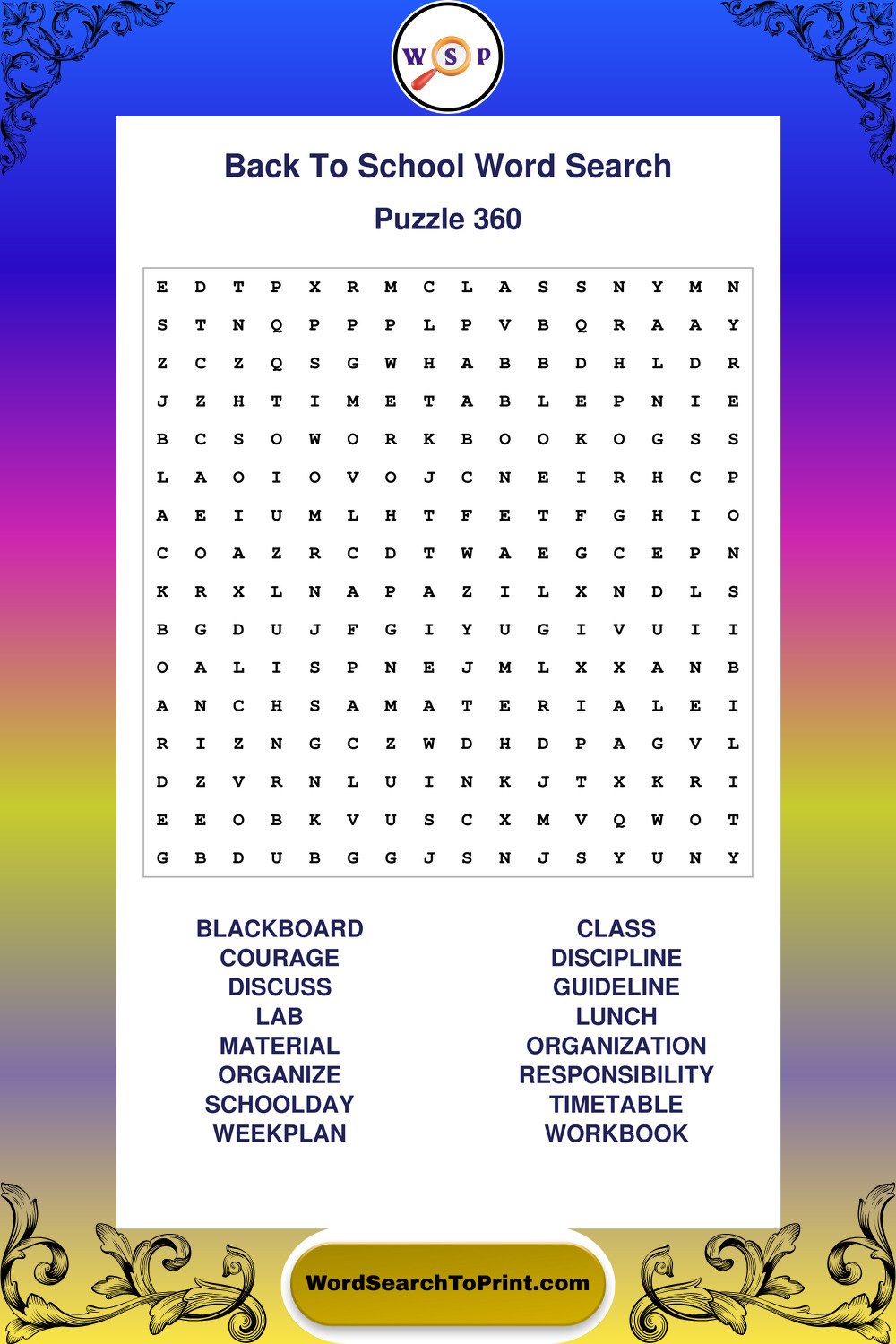 Back To School Word Search Puzzle 360