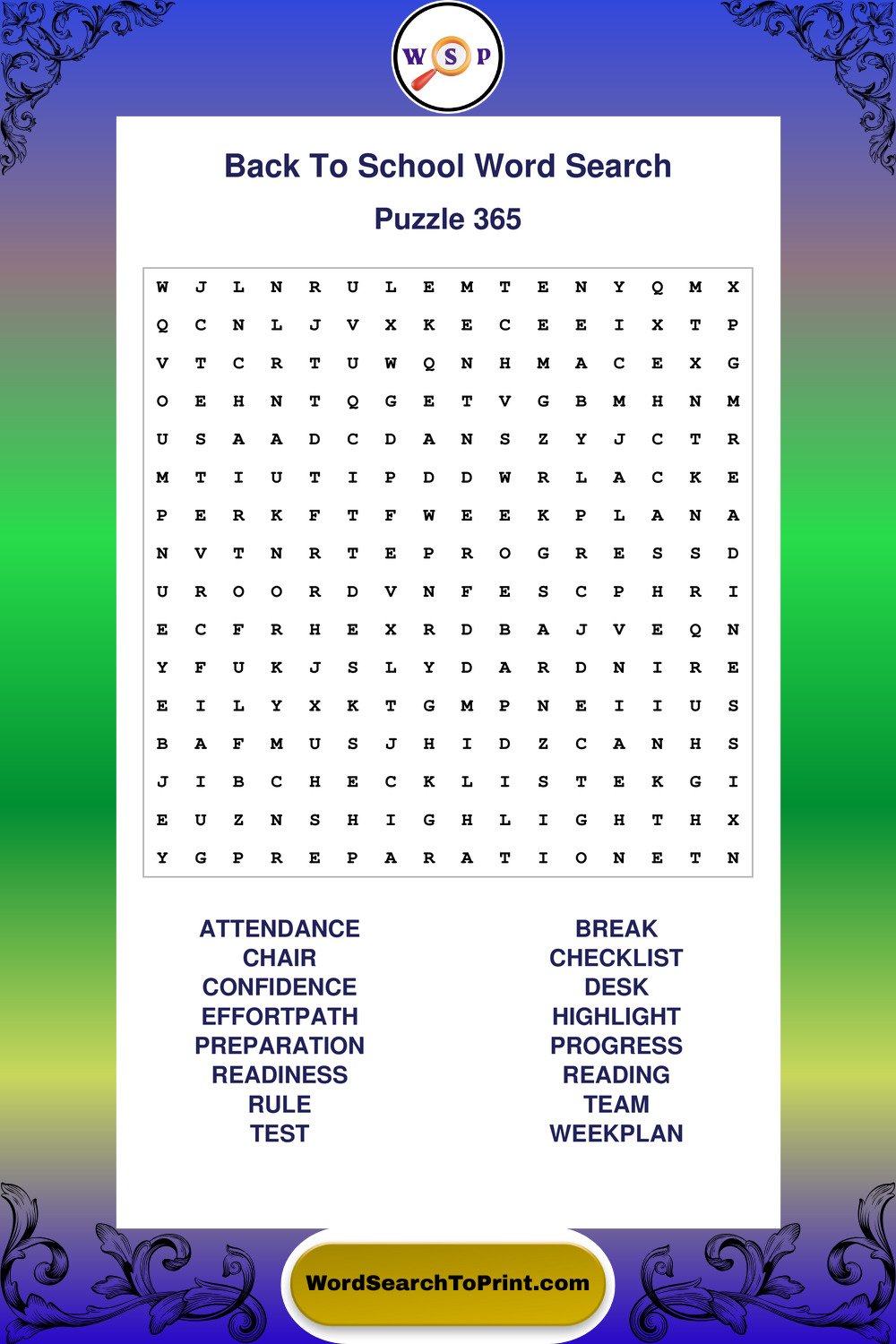 Back To School Word Search Puzzle 365