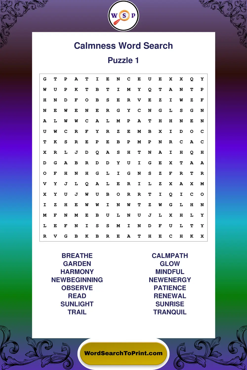 Calmness Word Search Puzzle 1