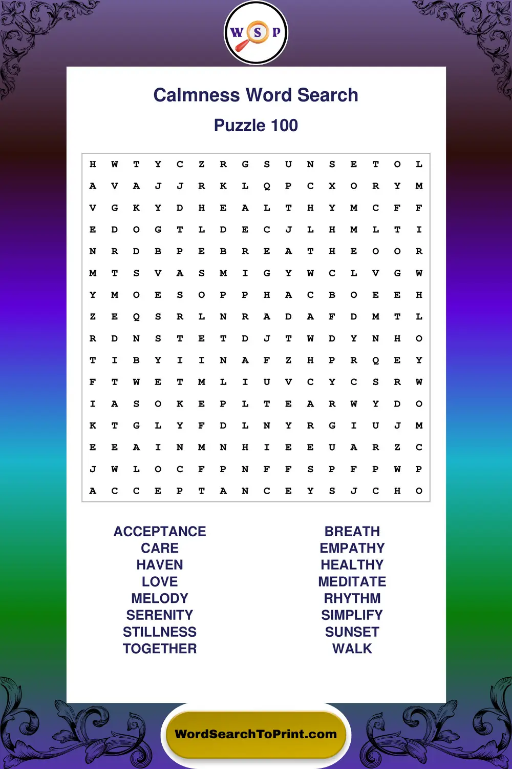 Calmness Word Search Puzzle 100